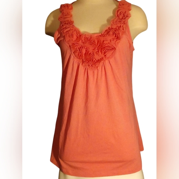 ELLE- Tank Top Blouse With Flowers A long V-Neck Line, Coral Color, Size Small, - Picture 8 of 12
